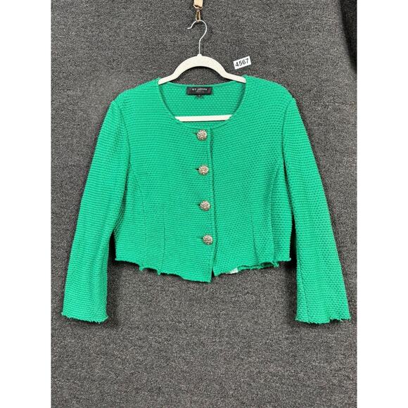 St John Jacket Womens 12 Green Cotton Blend Textured Button Up Short Raw Edge - Picture 1 of 5